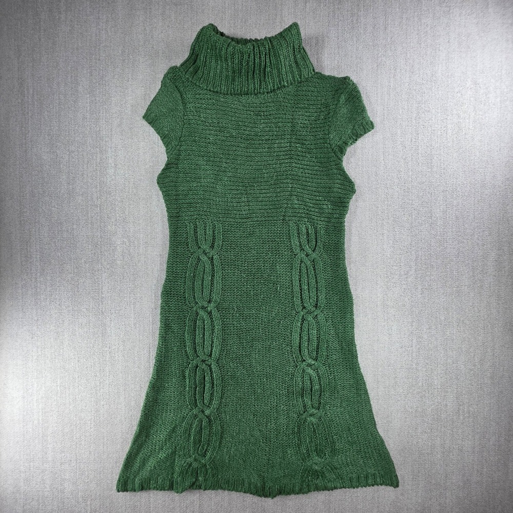 J.J. Basics Sweater Dress Girls Small Green Cable Knit‎ Turtleneck Cap Sleeve